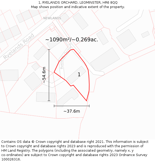 1, RYELANDS ORCHARD, LEOMINSTER, HR6 8QQ: Plot and title map
