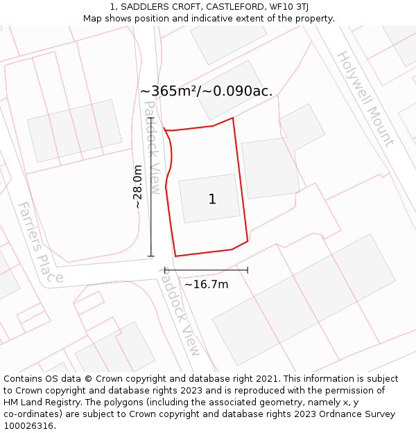 1, SADDLERS CROFT, CASTLEFORD, WF10 3TJ: Plot and title map