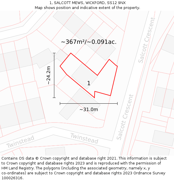 1, SALCOTT MEWS, WICKFORD, SS12 9NX: Plot and title map