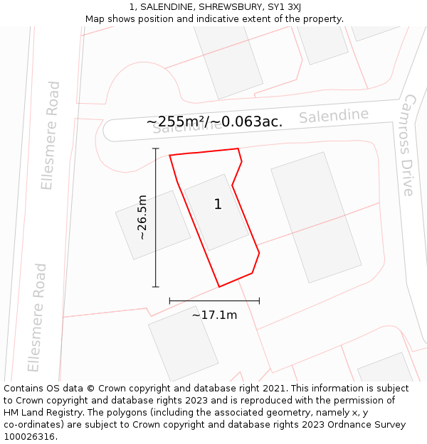 1, SALENDINE, SHREWSBURY, SY1 3XJ: Plot and title map