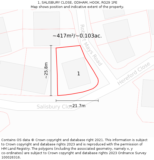 1, SALISBURY CLOSE, ODIHAM, HOOK, RG29 1PE: Plot and title map