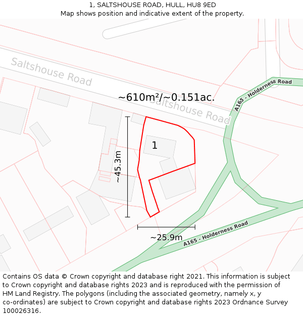 1, SALTSHOUSE ROAD, HULL, HU8 9ED: Plot and title map