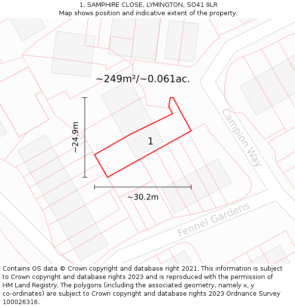 1, SAMPHIRE CLOSE, LYMINGTON, SO41 9LR: Plot and title map