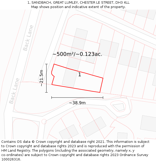 1, SANDBACH, GREAT LUMLEY, CHESTER LE STREET, DH3 4LL: Plot and title map