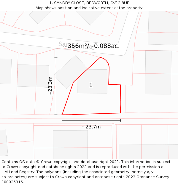 1, SANDBY CLOSE, BEDWORTH, CV12 8UB: Plot and title map