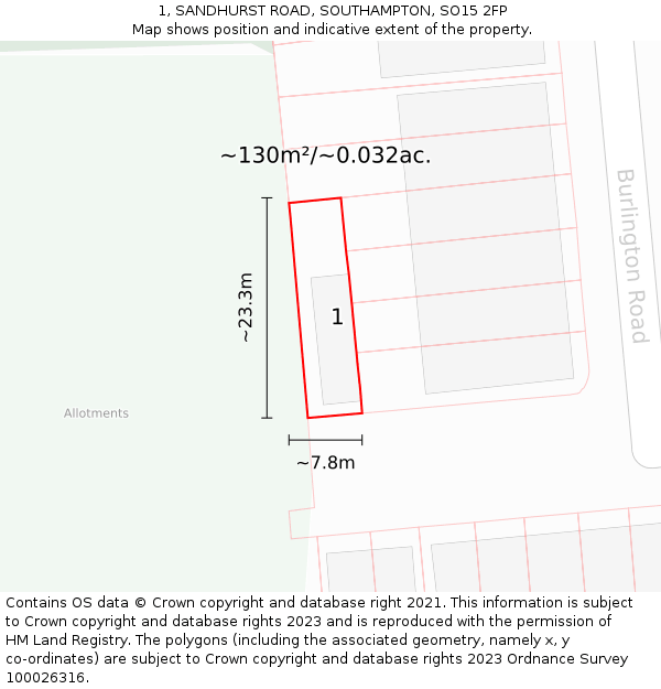 1, SANDHURST ROAD, SOUTHAMPTON, SO15 2FP: Plot and title map