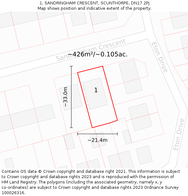 1, SANDRINGHAM CRESCENT, SCUNTHORPE, DN17 2PJ: Plot and title map