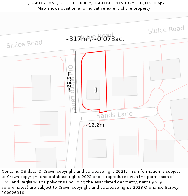 1, SANDS LANE, SOUTH FERRIBY, BARTON-UPON-HUMBER, DN18 6JS: Plot and title map