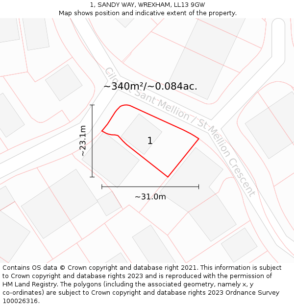 1, SANDY WAY, WREXHAM, LL13 9GW: Plot and title map