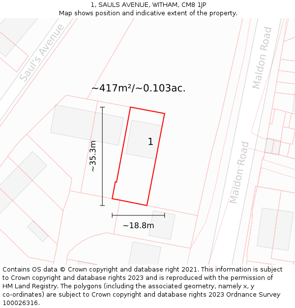 1, SAULS AVENUE, WITHAM, CM8 1JP: Plot and title map