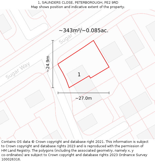 1, SAUNDERS CLOSE, PETERBOROUGH, PE2 9RD: Plot and title map