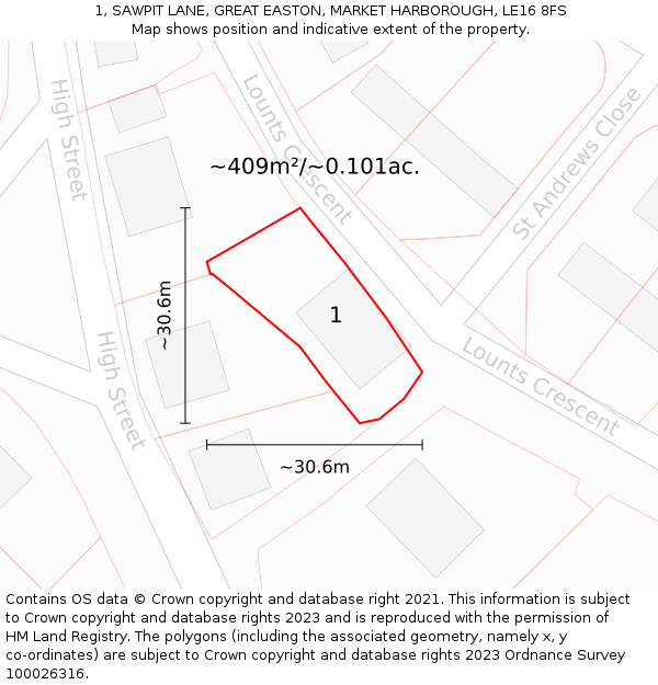 1, SAWPIT LANE, GREAT EASTON, MARKET HARBOROUGH, LE16 8FS: Plot and title map