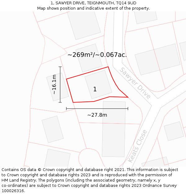 1, SAWYER DRIVE, TEIGNMOUTH, TQ14 9UD: Plot and title map