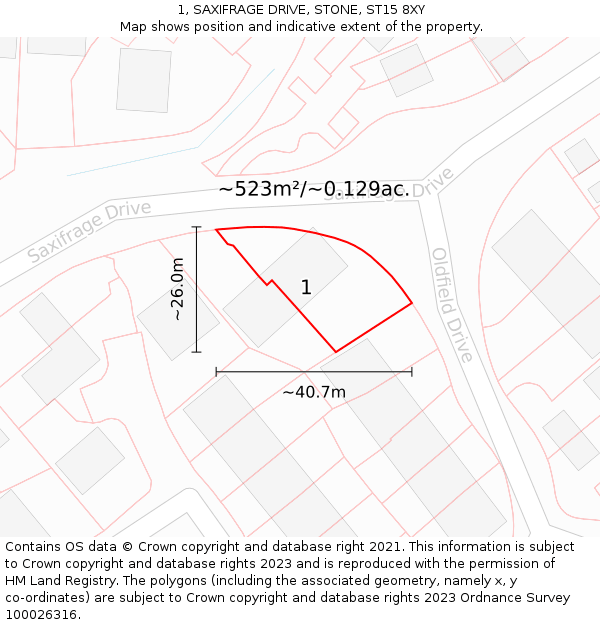 1, SAXIFRAGE DRIVE, STONE, ST15 8XY: Plot and title map