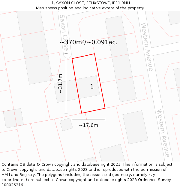 1, SAXON CLOSE, FELIXSTOWE, IP11 9NH: Plot and title map