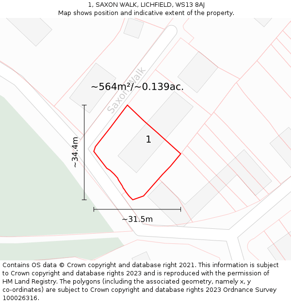 1, SAXON WALK, LICHFIELD, WS13 8AJ: Plot and title map