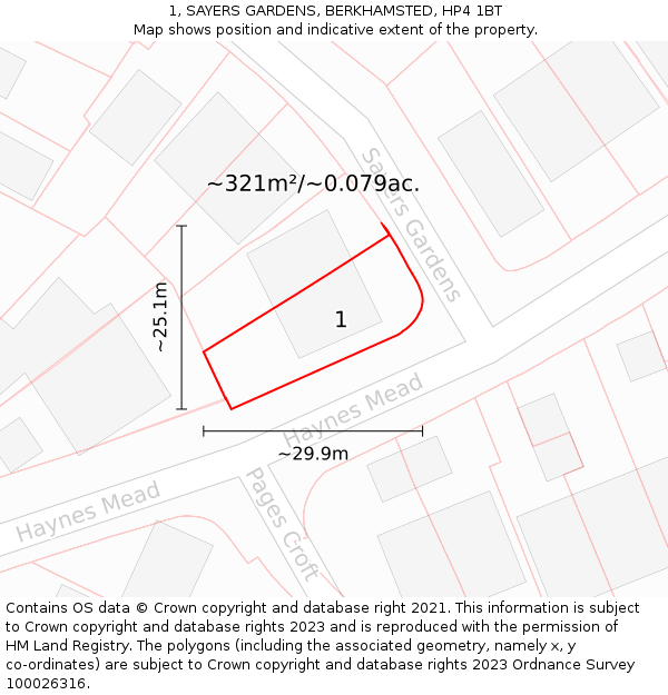 1, SAYERS GARDENS, BERKHAMSTED, HP4 1BT: Plot and title map