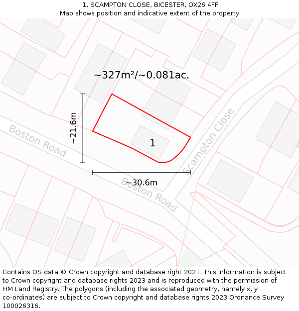 1, SCAMPTON CLOSE, BICESTER, OX26 4FF: Plot and title map