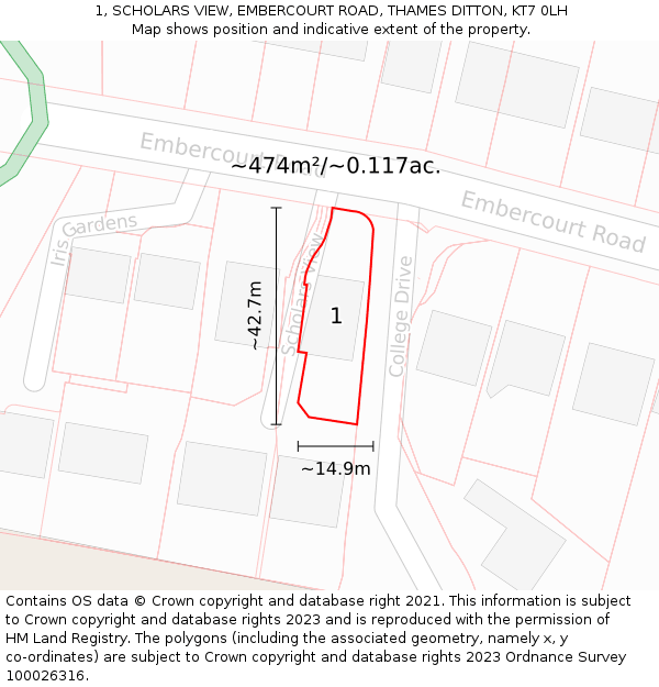 1, SCHOLARS VIEW, EMBERCOURT ROAD, THAMES DITTON, KT7 0LH: Plot and title map