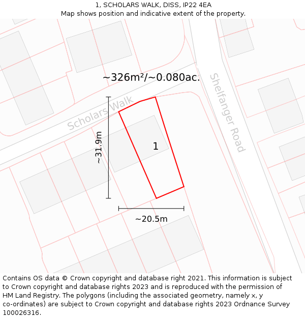 1, SCHOLARS WALK, DISS, IP22 4EA: Plot and title map