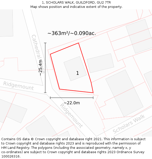 1, SCHOLARS WALK, GUILDFORD, GU2 7TR: Plot and title map