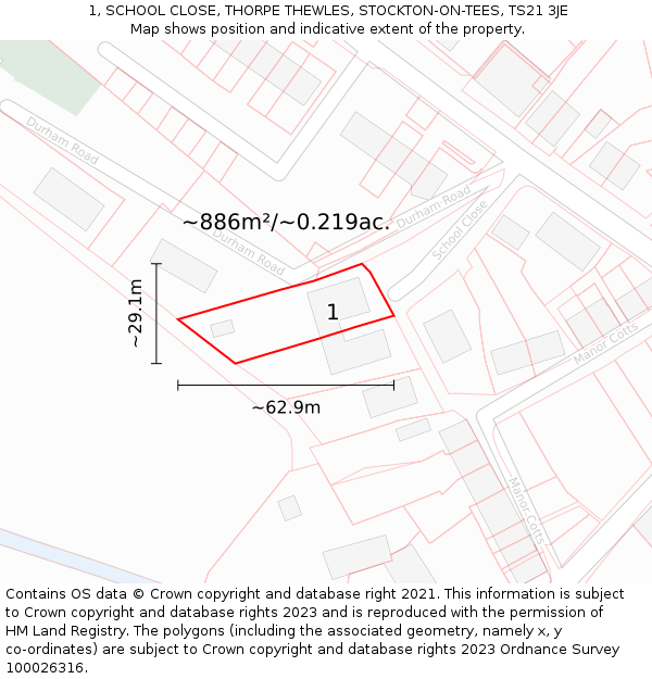 1, SCHOOL CLOSE, THORPE THEWLES, STOCKTON-ON-TEES, TS21 3JE: Plot and title map