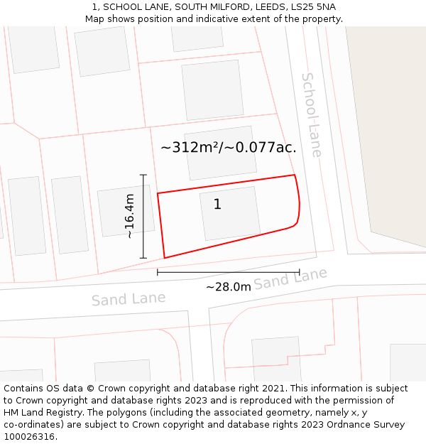 1, SCHOOL LANE, SOUTH MILFORD, LEEDS, LS25 5NA: Plot and title map