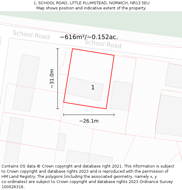 1, SCHOOL ROAD, LITTLE PLUMSTEAD, NORWICH, NR13 5EU: Plot and title map