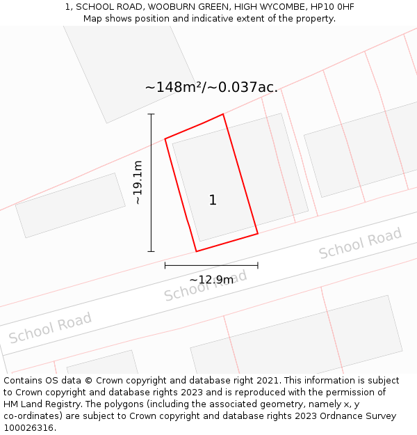 1, SCHOOL ROAD, WOOBURN GREEN, HIGH WYCOMBE, HP10 0HF: Plot and title map