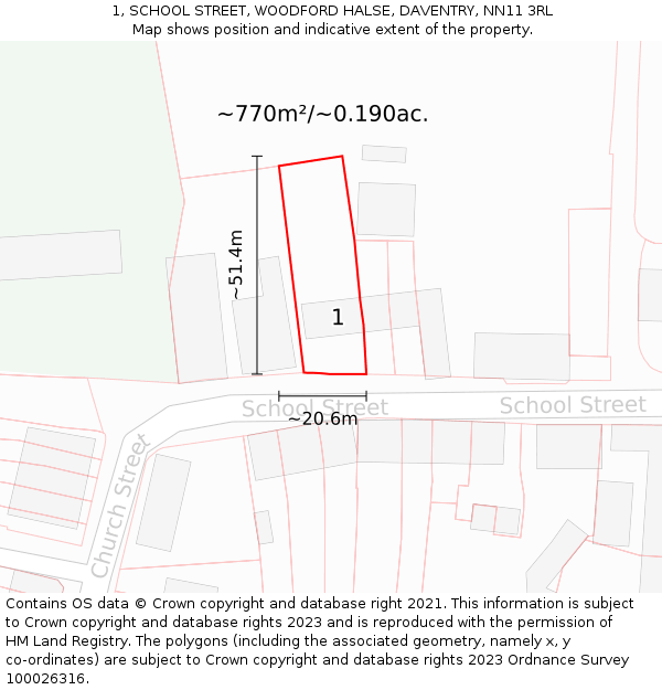 1, SCHOOL STREET, WOODFORD HALSE, DAVENTRY, NN11 3RL: Plot and title map