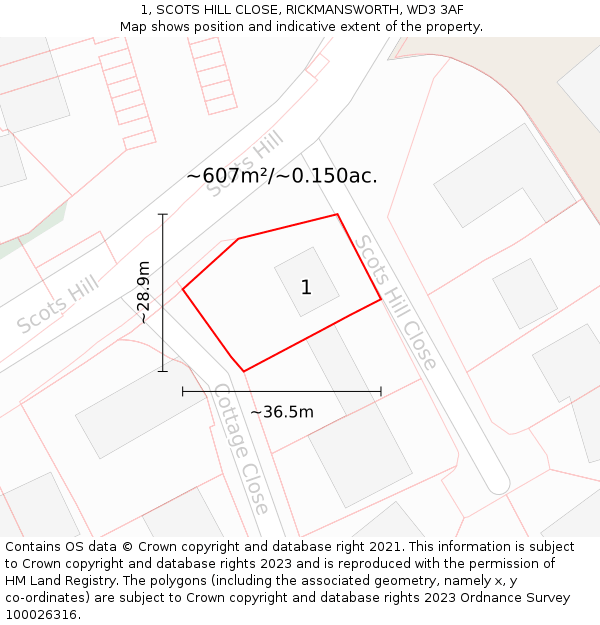 1, SCOTS HILL CLOSE, RICKMANSWORTH, WD3 3AF: Plot and title map