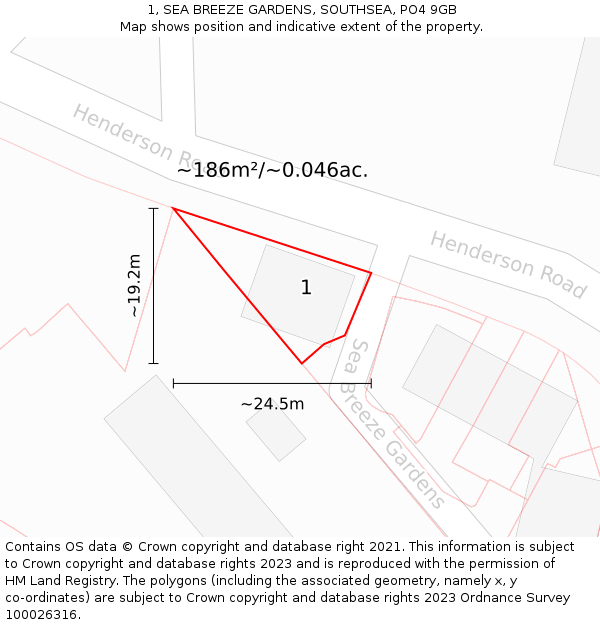 1, SEA BREEZE GARDENS, SOUTHSEA, PO4 9GB: Plot and title map