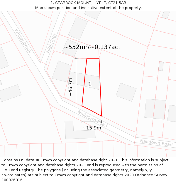 1, SEABROOK MOUNT, HYTHE, CT21 5AR: Plot and title map