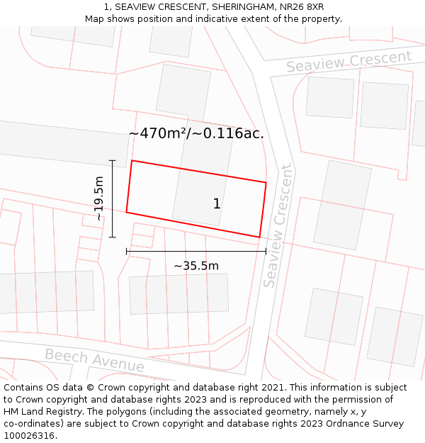 1, SEAVIEW CRESCENT, SHERINGHAM, NR26 8XR: Plot and title map