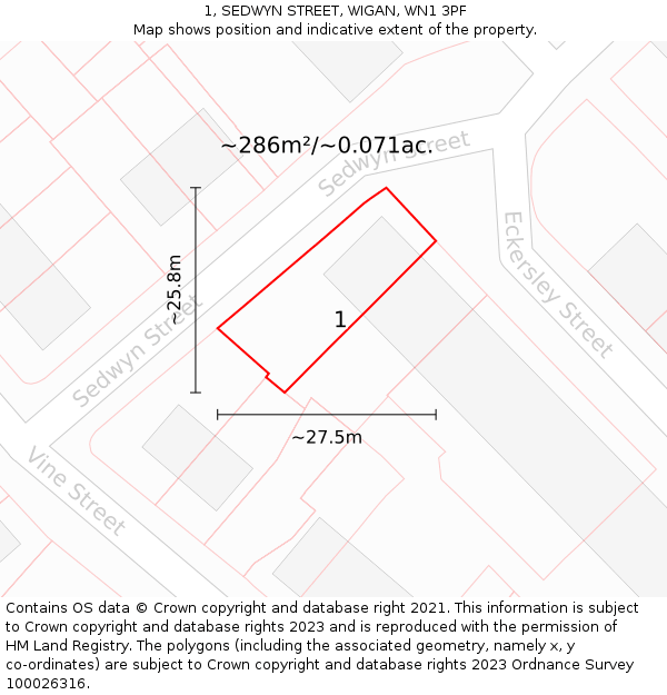 1, SEDWYN STREET, WIGAN, WN1 3PF: Plot and title map