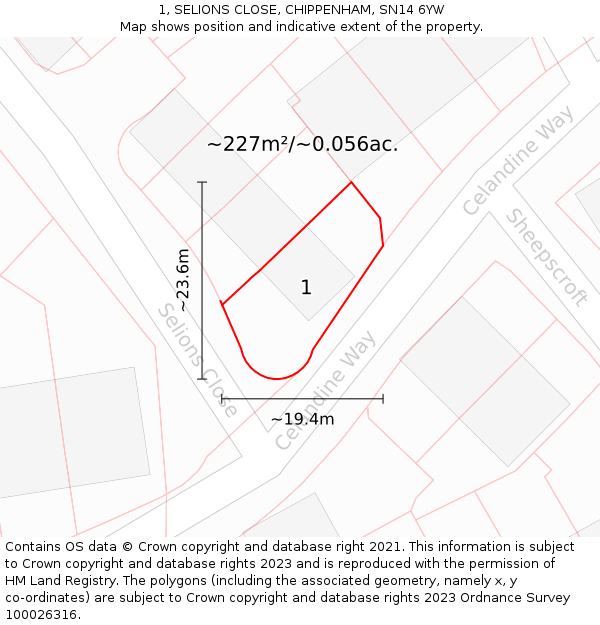 1, SELIONS CLOSE, CHIPPENHAM, SN14 6YW: Plot and title map