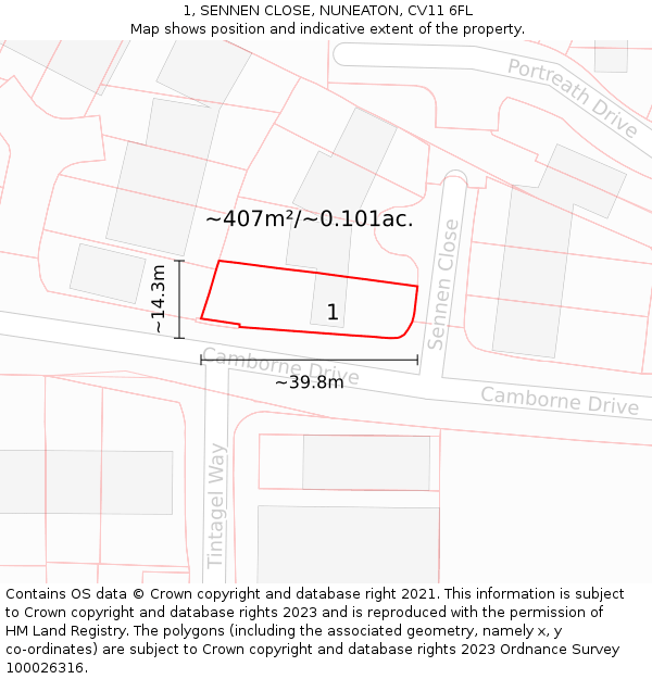 1, SENNEN CLOSE, NUNEATON, CV11 6FL: Plot and title map