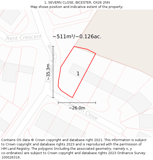 1, SEVERN CLOSE, BICESTER, OX26 2NN: Plot and title map