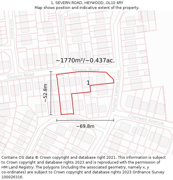 1, SEVERN ROAD, HEYWOOD, OL10 4RY: Plot and title map