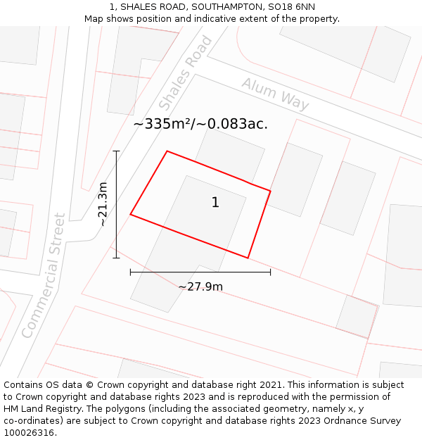 1, SHALES ROAD, SOUTHAMPTON, SO18 6NN: Plot and title map