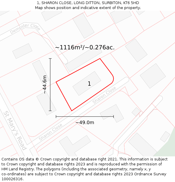 1, SHARON CLOSE, LONG DITTON, SURBITON, KT6 5HD: Plot and title map