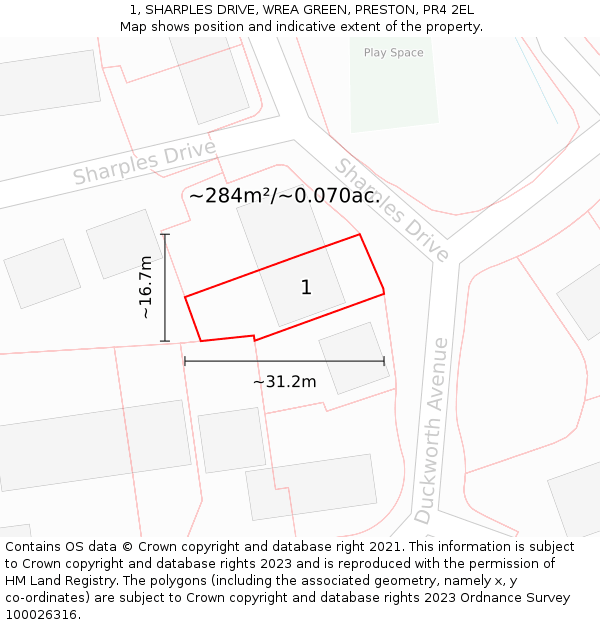 1, SHARPLES DRIVE, WREA GREEN, PRESTON, PR4 2EL: Plot and title map