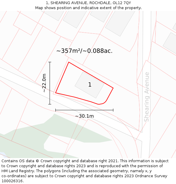 1, SHEARING AVENUE, ROCHDALE, OL12 7QY: Plot and title map