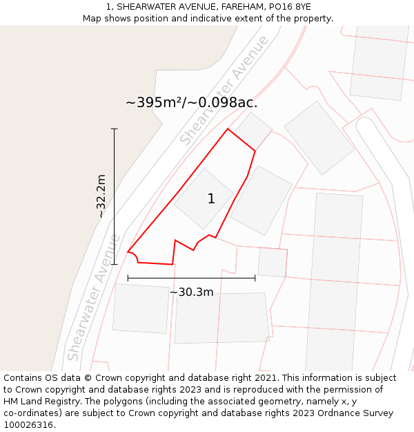 1, SHEARWATER AVENUE, FAREHAM, PO16 8YE: Plot and title map