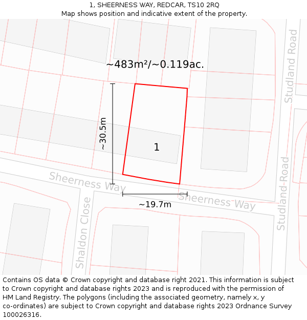 1, SHEERNESS WAY, REDCAR, TS10 2RQ: Plot and title map