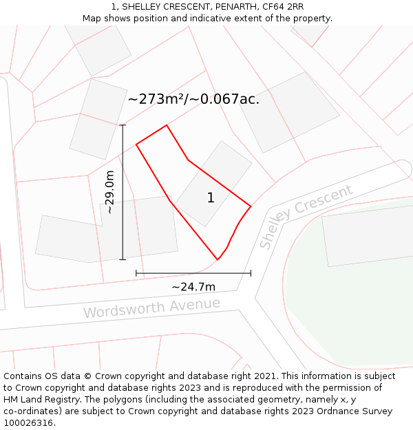 1, SHELLEY CRESCENT, PENARTH, CF64 2RR: Plot and title map