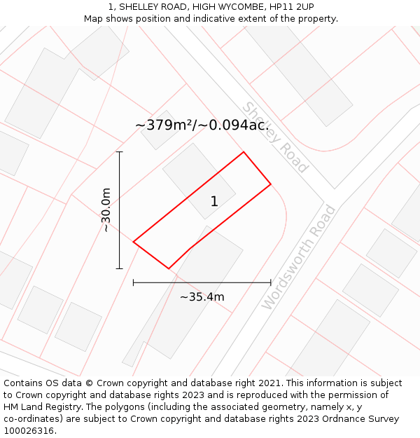 1, SHELLEY ROAD, HIGH WYCOMBE, HP11 2UP: Plot and title map