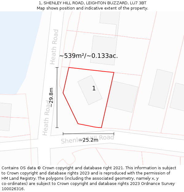 1, SHENLEY HILL ROAD, LEIGHTON BUZZARD, LU7 3BT: Plot and title map