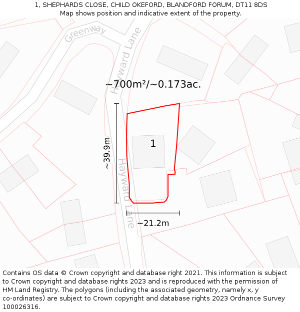 1, SHEPHARDS CLOSE, CHILD OKEFORD, BLANDFORD FORUM, DT11 8DS: Plot and title map