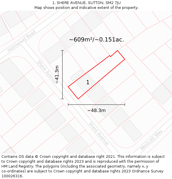 1, SHERE AVENUE, SUTTON, SM2 7JU: Plot and title map